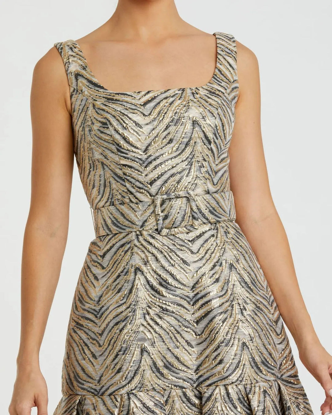 Mac Duggal 21054 Metallic Jacquard Dress with Square Neckline and Box Pleats | FOSTANI Mac Duggal 21054 Metallic Jacquard Dress with Square Neckline and Box Pleats | FOSTANI