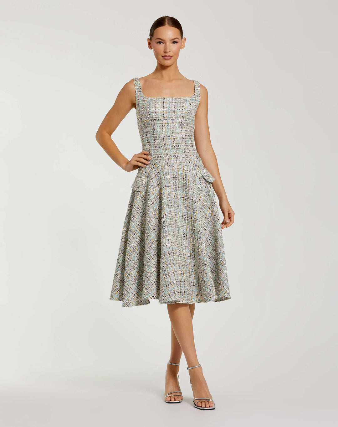 Multicolor Sleeveless Drop Waist Boucle Midi Dress