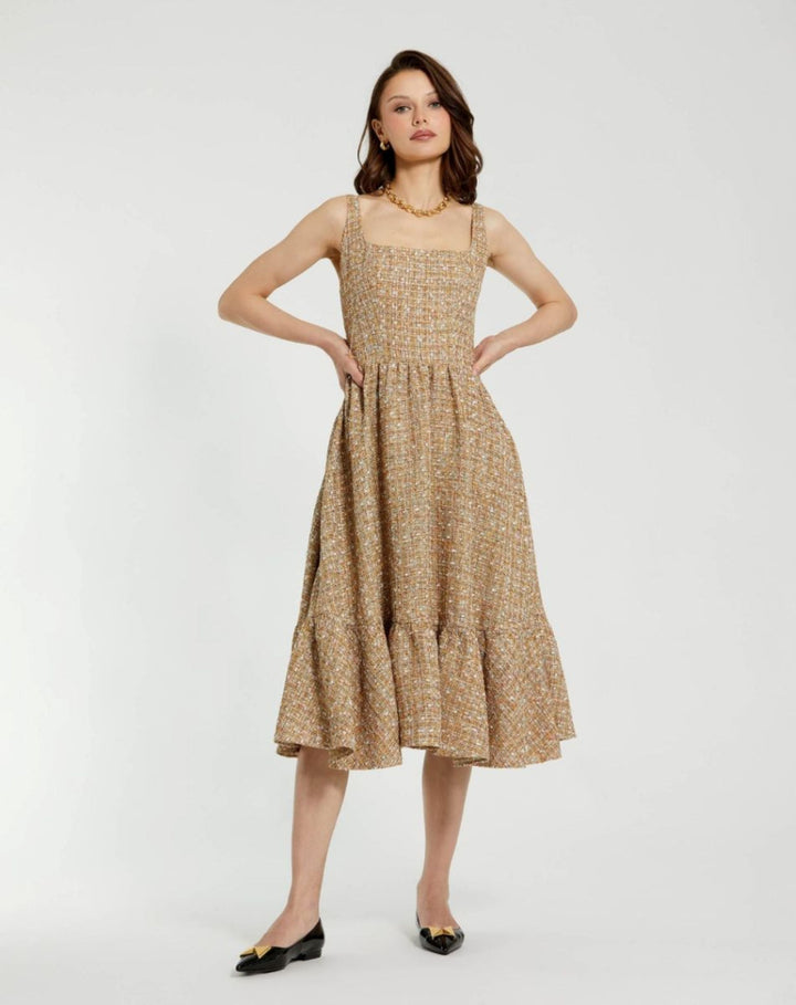 Mac Duggal 21071 Beige Boucle Sleeveless A-Line Midi Dress