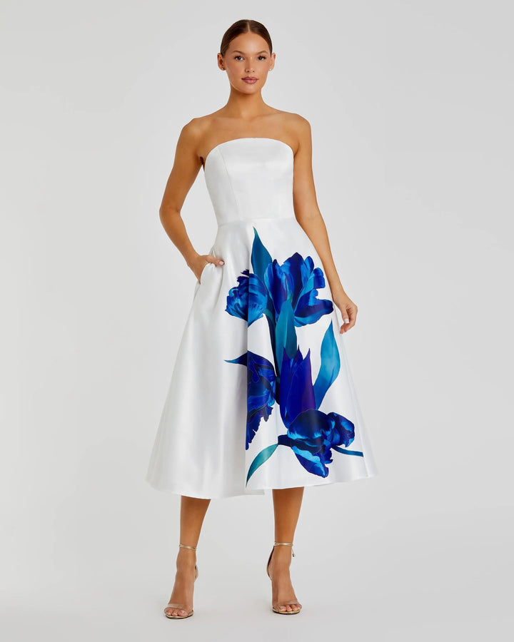 White Strapless Satin Midi Dress With Flower Print - FOSTANI.com