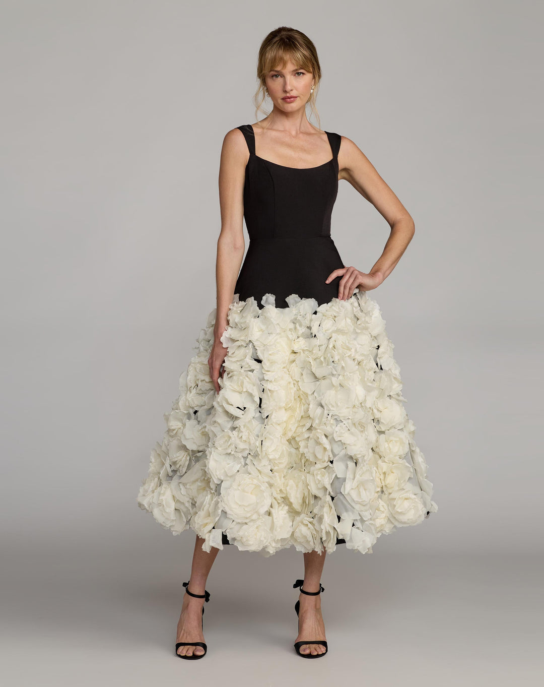 Black Sleeveless A-Line Midi Dress With 3D Floral Skirt - FOSTANI.com