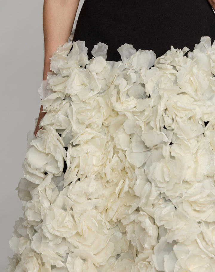 Black Sleeveless A-Line Midi Dress With 3D Floral Skirt - FOSTANI.com