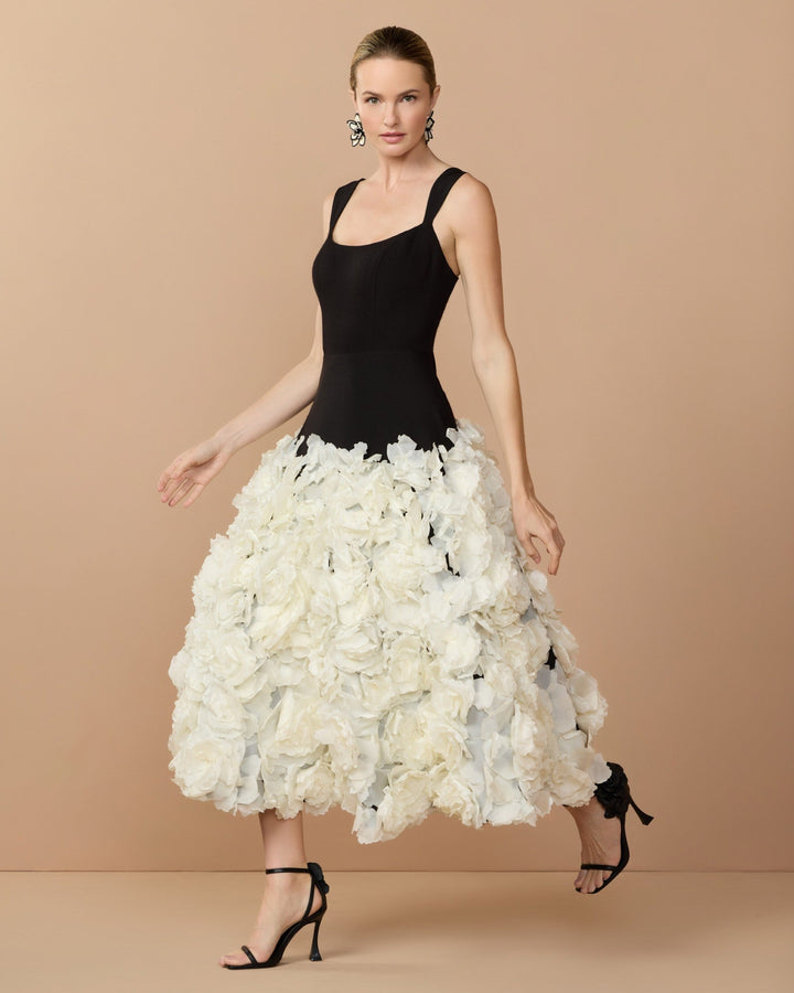 Black Sleeveless A-Line Midi Dress With 3D Floral Skirt - FOSTANI.com