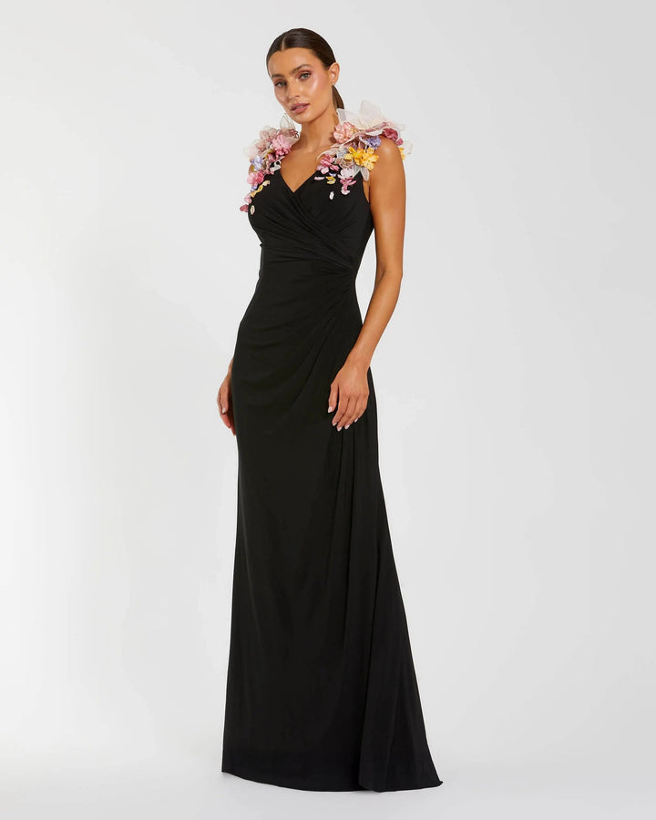 Mac Duggal 21084 Black Jersey V-Neck Gown With 3D Flowers - FOSTANI.com