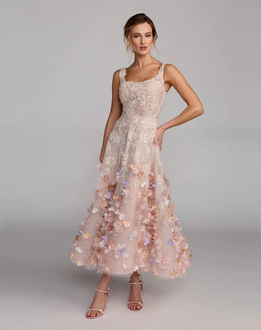 Pink Sleeveless Beaded Midi Dress With 3D Flowers - FOSTANI.com