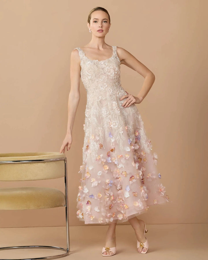 Pink Sleeveless Beaded Midi Dress With 3D Flowers - FOSTANI.com