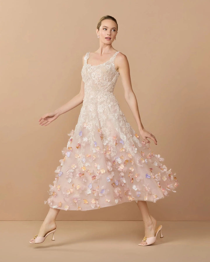 Pink Sleeveless Beaded Midi Dress With 3D Flowers - FOSTANI.com