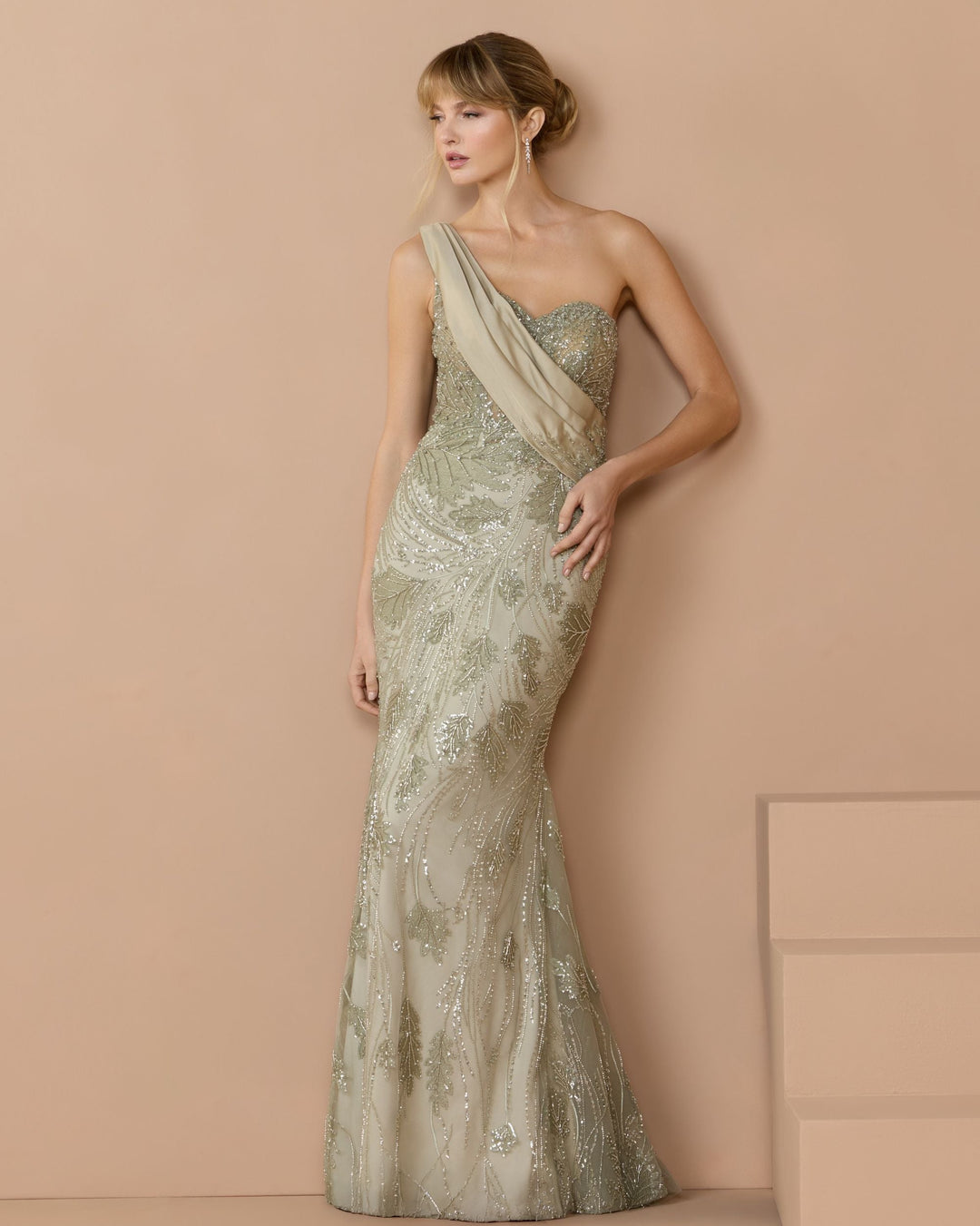Mac Duggal 21089 Beaded One Shoulder Draped Mermaid Gown