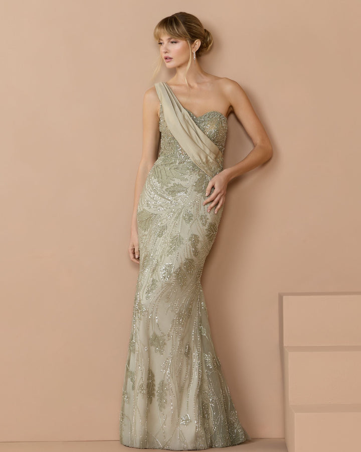 Mac Duggal 21089 Beaded One Shoulder Draped Mermaid Gown