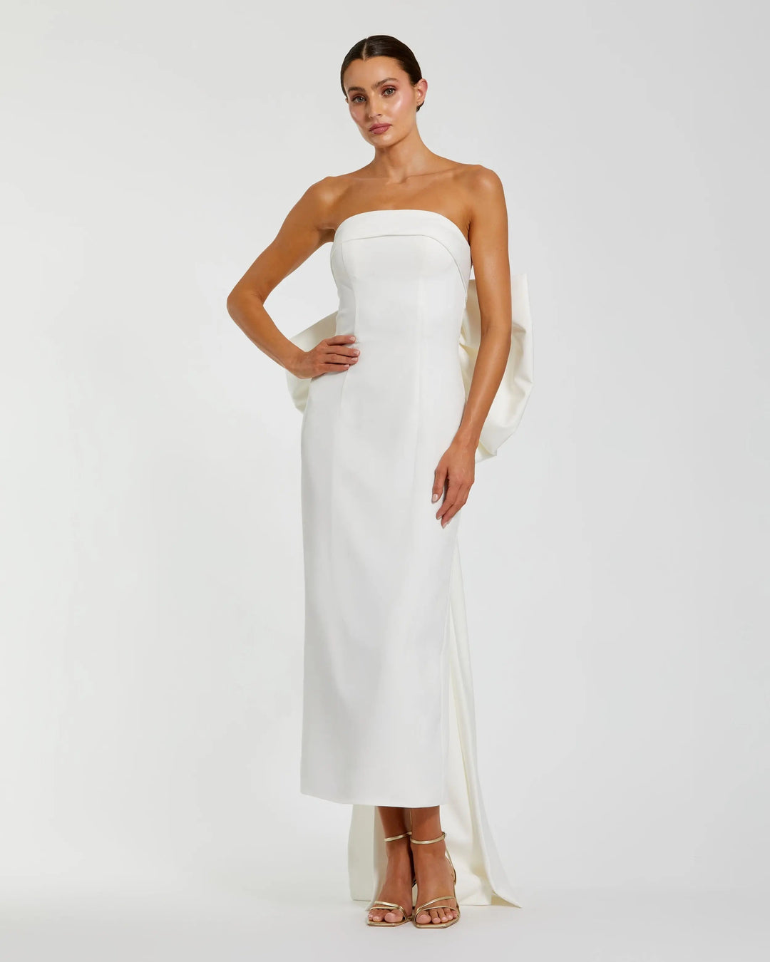 mac duggal ivory dress Ivory Strapless Embellished Column Gown With 3D Petals