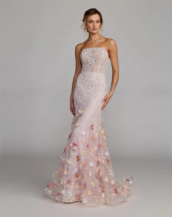 Pink Strapless Embellished Mermaid Gown With 3D Floral Hem - FOSTANI.com