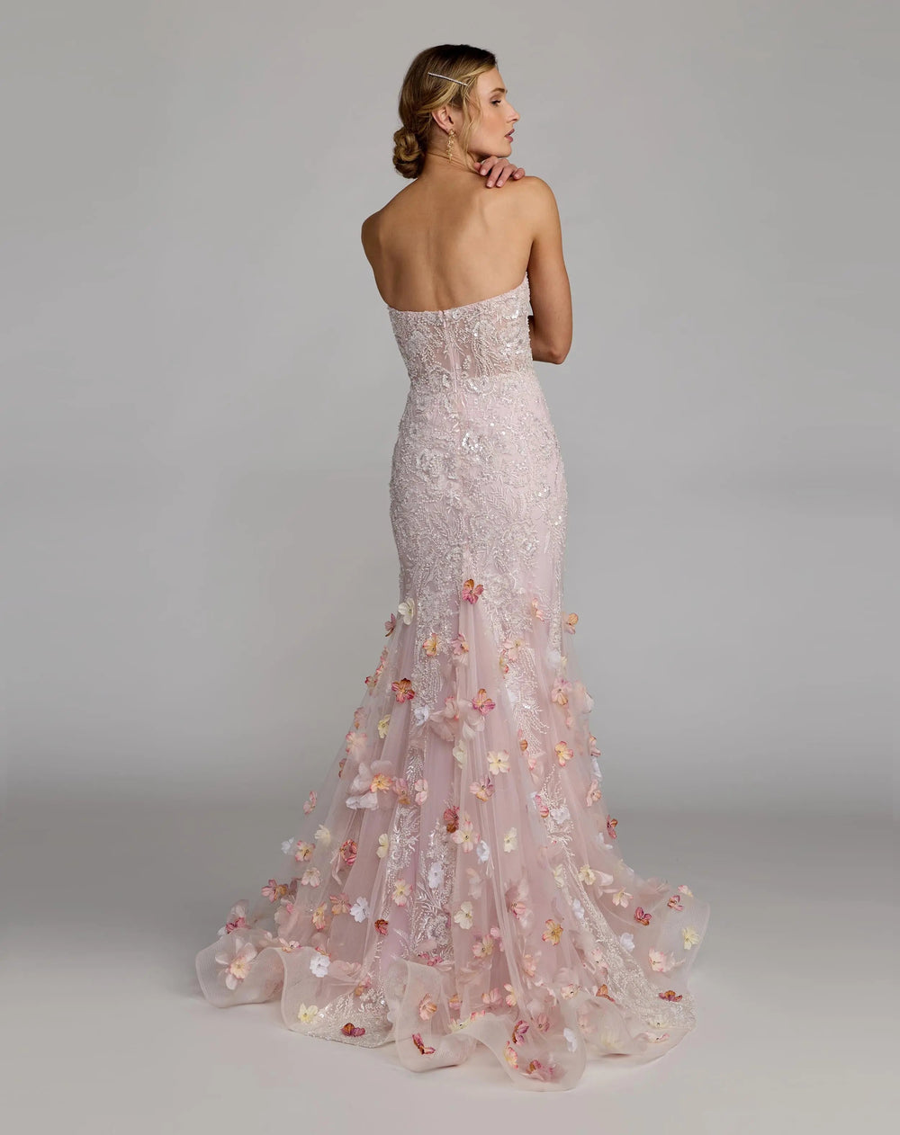 Pink Strapless Embellished Mermaid Gown With 3D Floral Hem - FOSTANI.com