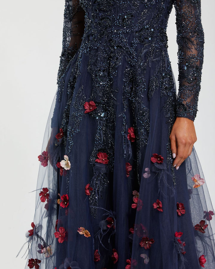 Mac Duggal 21148 Beaded Floral A-Line Gown With Feathers