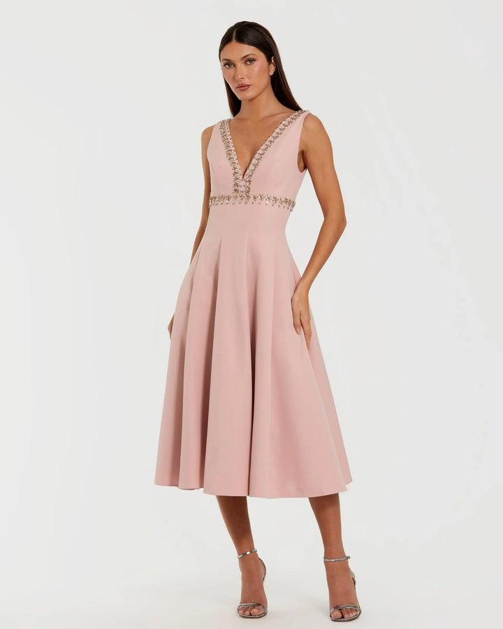 Pink Rhinestone Embellished Crepe A Line Midi Dress - FOSTANI.com