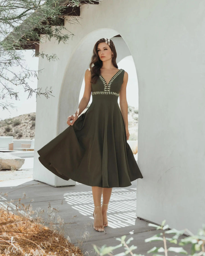 Green Rhinestone Embellished Crepe A Line Midi Dress - FOSTANI.com