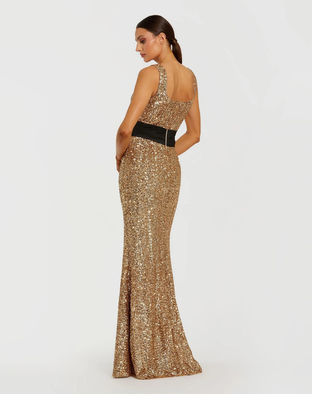 Mac Duggal Sequin Column Gown With Faille Bow - Black Gold Mac Duggal Sequin Column Gown With Faille Bow - Black Gold