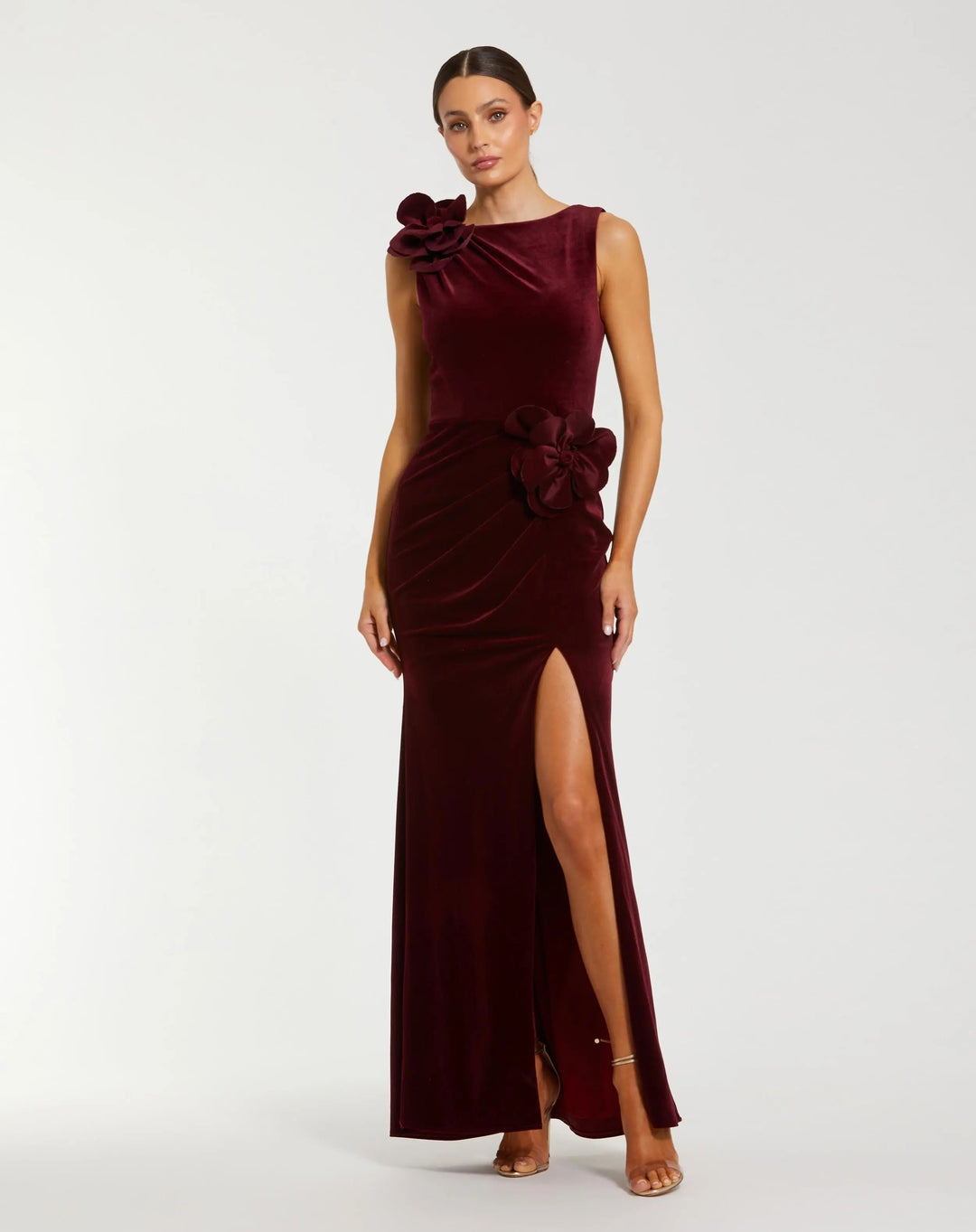 Mac Duggal High Neck Velvet 3D Flowers Column Dress, Womens, S, Burgundy