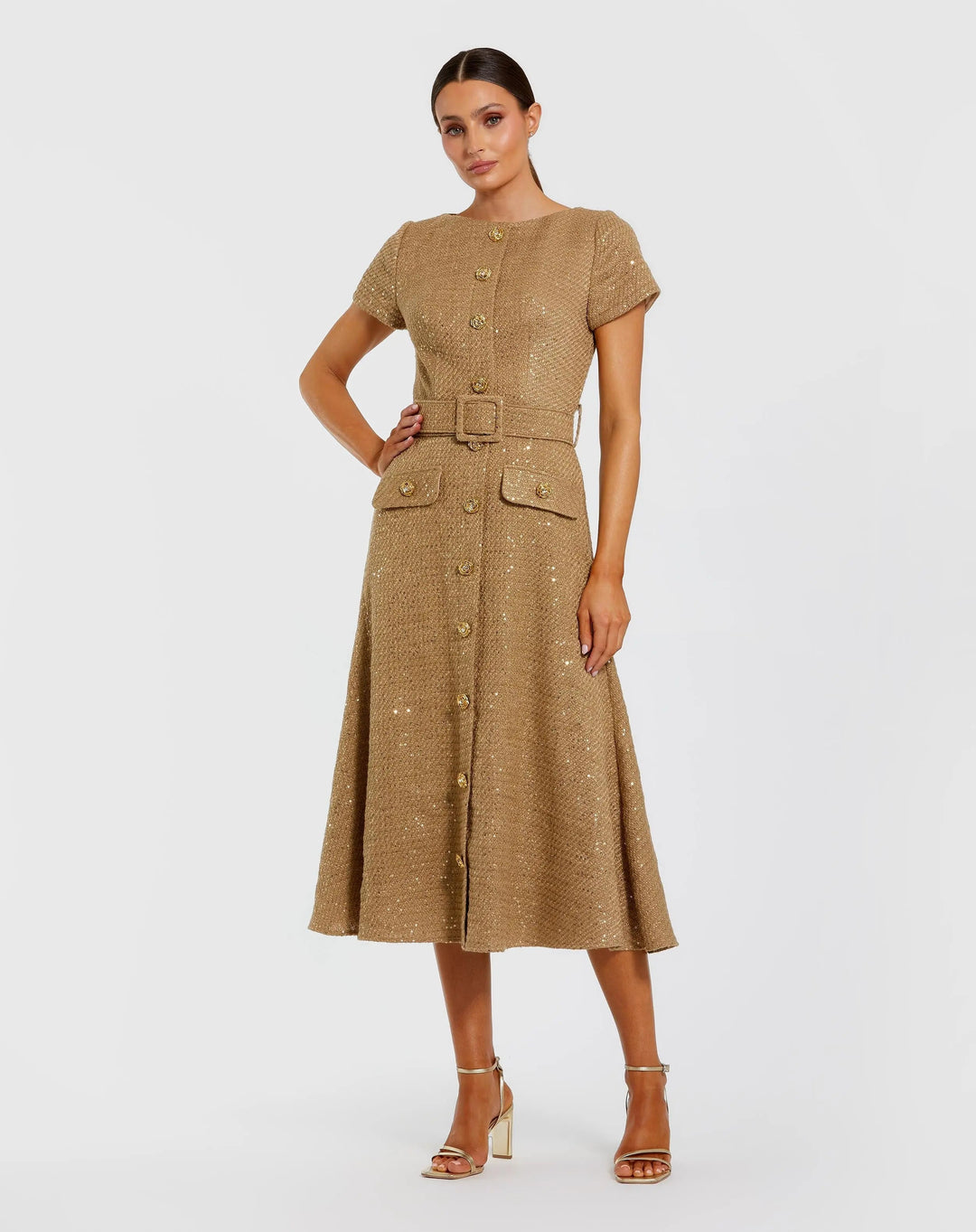 Mac Duggal Women's Boucle Cap Sleeve High Neck Button Up Midi Dress