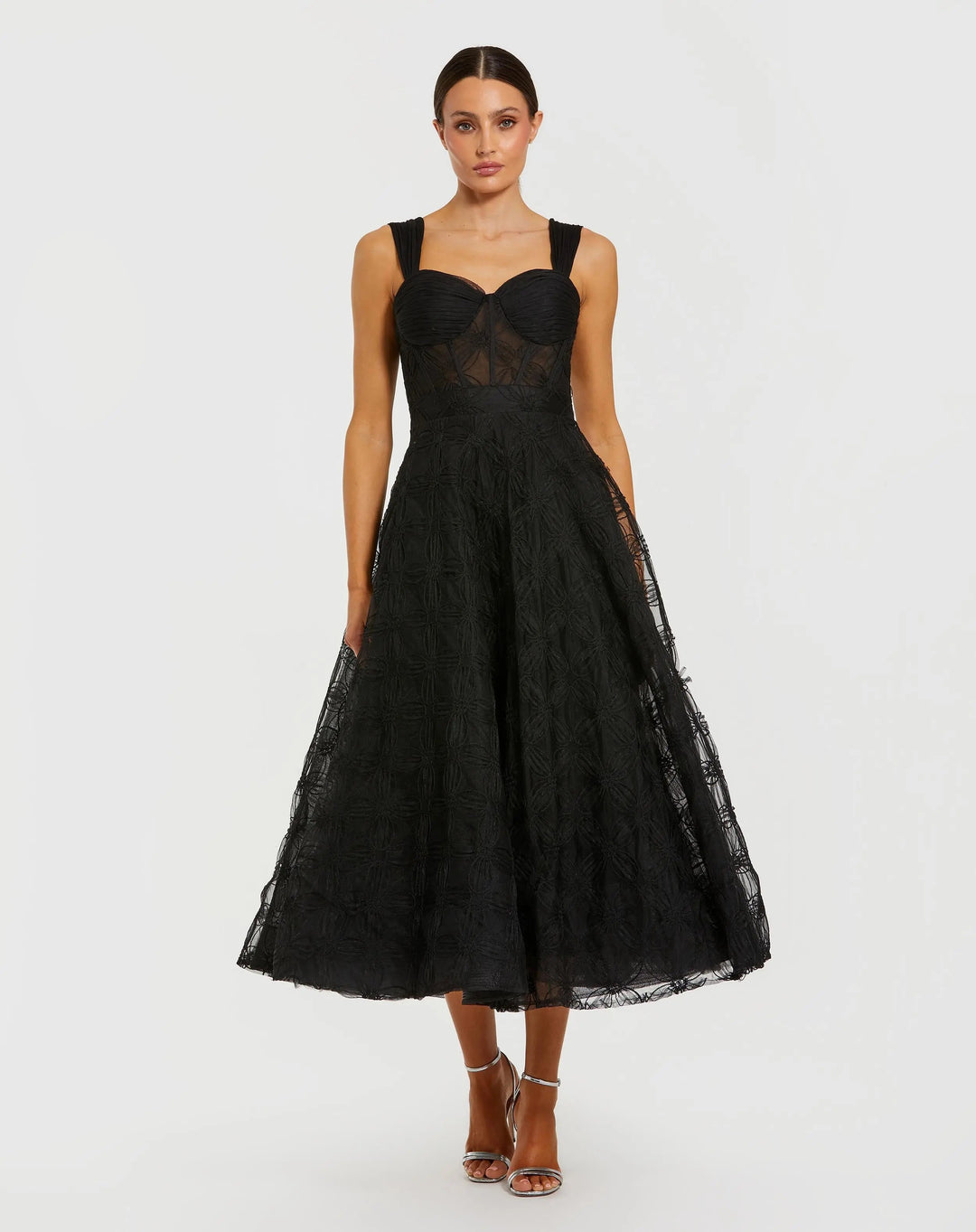 Mac Duggal Women's Sleeveless A Line Bustier Floral Tulle Midi Dress