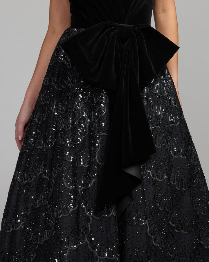 Mac Duggal 21197 Velvet Bow Sequin Strapless A-Line Gown