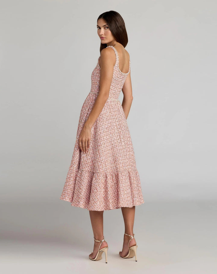 Pink Pearl Embellished Sleeveless Boucle Midi Dress - FOSTANI.com
