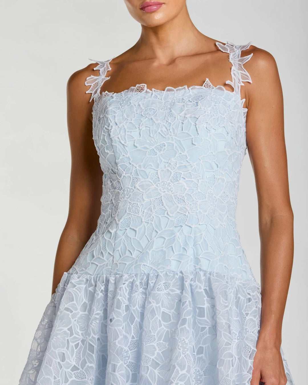 Blue Sleeveless Embroidered Lace Tiered Midi Dress - FOSTANI.com