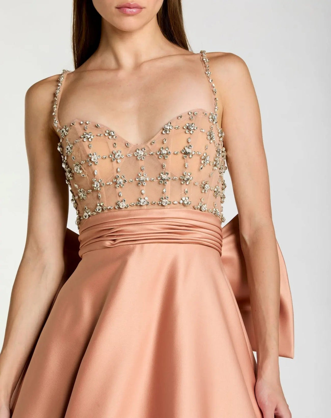 Peach Embellished Bodice Sweetheart Neck Satin Ball Gown