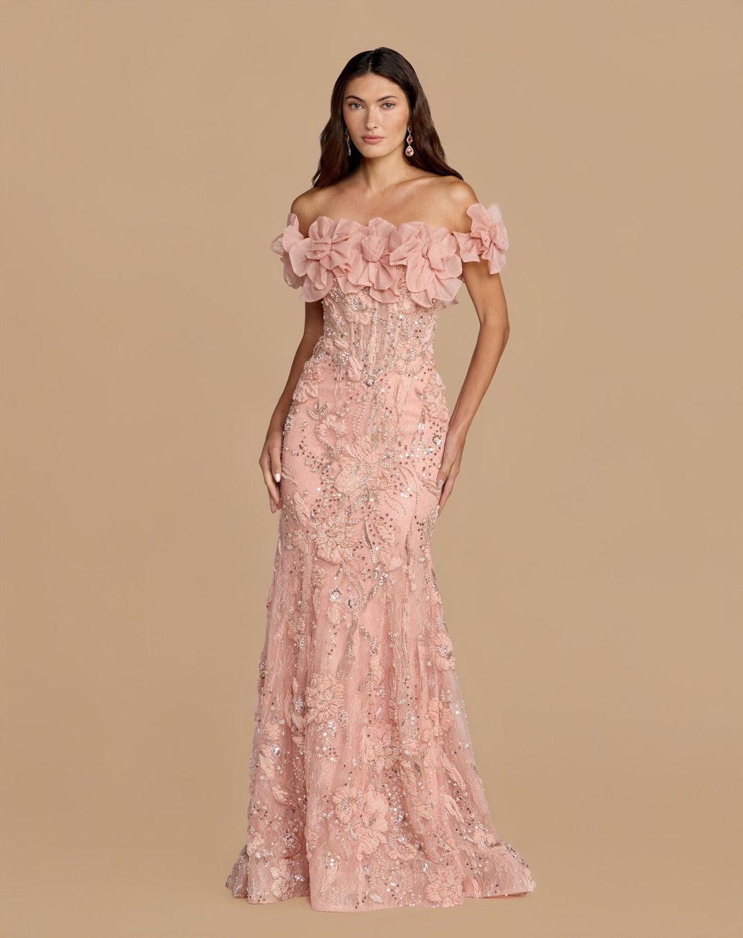 Mac Duggal  21272 Pink Off The Shoulder Embellished Mermaid Gown - FOSTANI.com