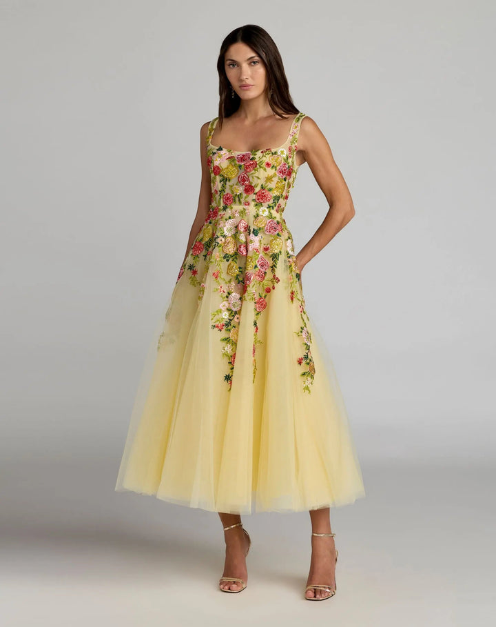 Yellow Embroidered Tulle A-Line Midi Dress - FOSTANI.com
