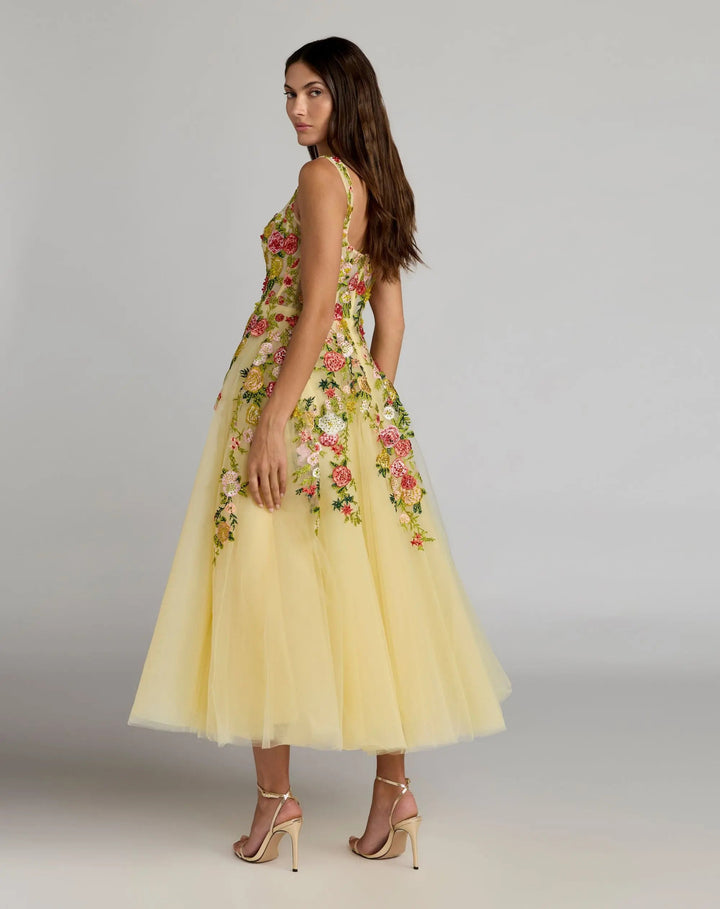 Yellow Embroidered Tulle A-Line Midi Dress - FOSTANI.com