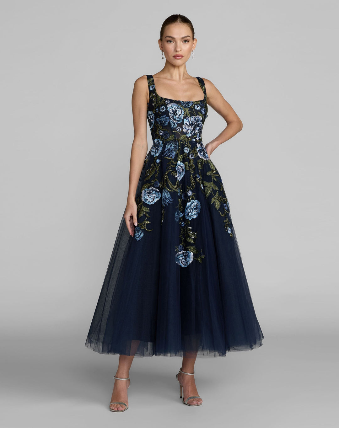Mac Duggal Square Neck Embroidered Midi Dress, Womens, 10, Blue Multi