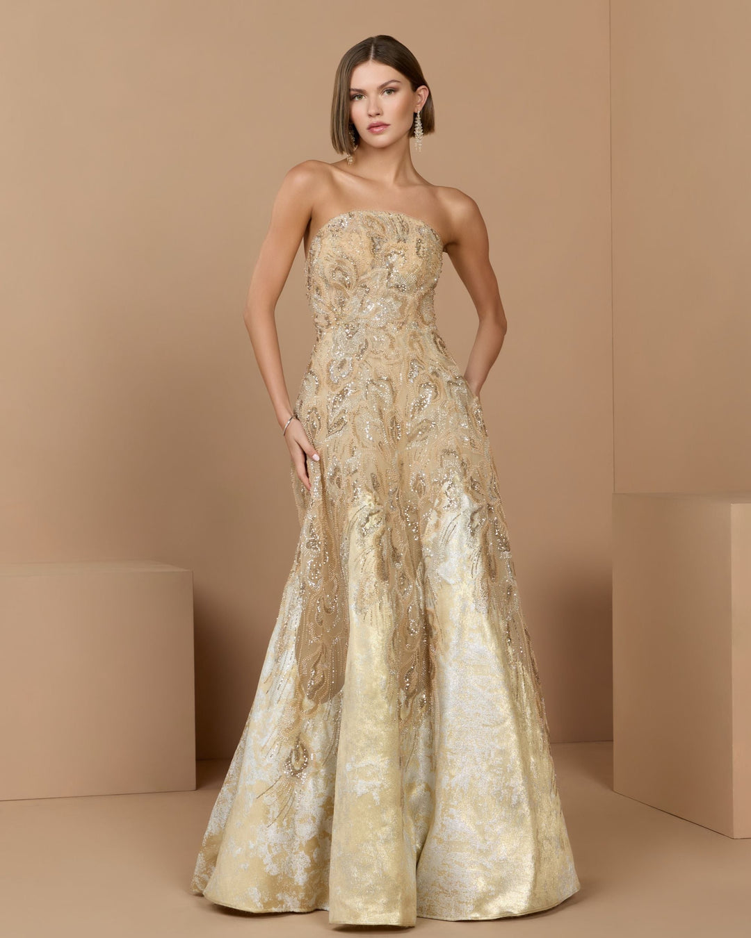 Mac Duggal 21305 Strapless Embellished Brocade A-Line Gown