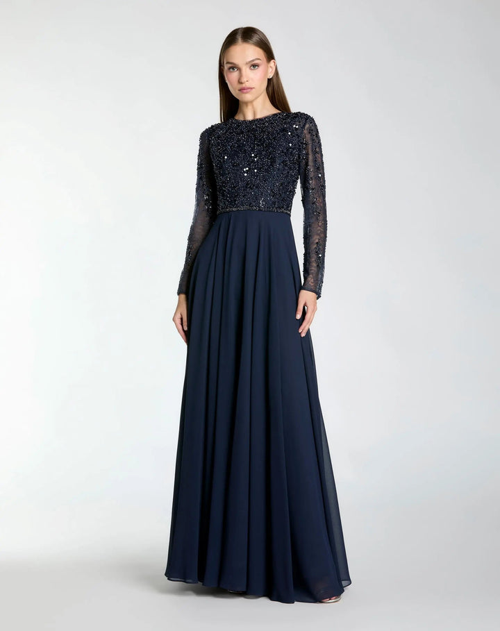 Mac Duggal 21316 Navy Embellished Lace Long Sleeve Gown With Chiffon Skirt