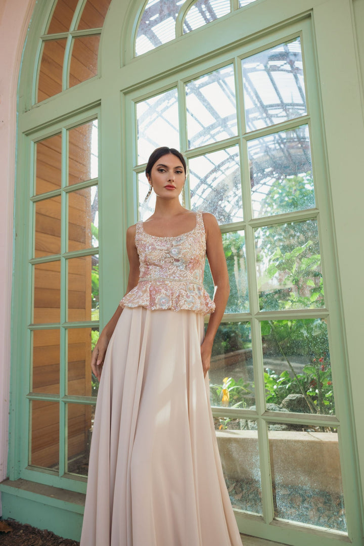 Beige Embroidered Peplum Top With Chiffon Skirt Gown - FOSTANI.com