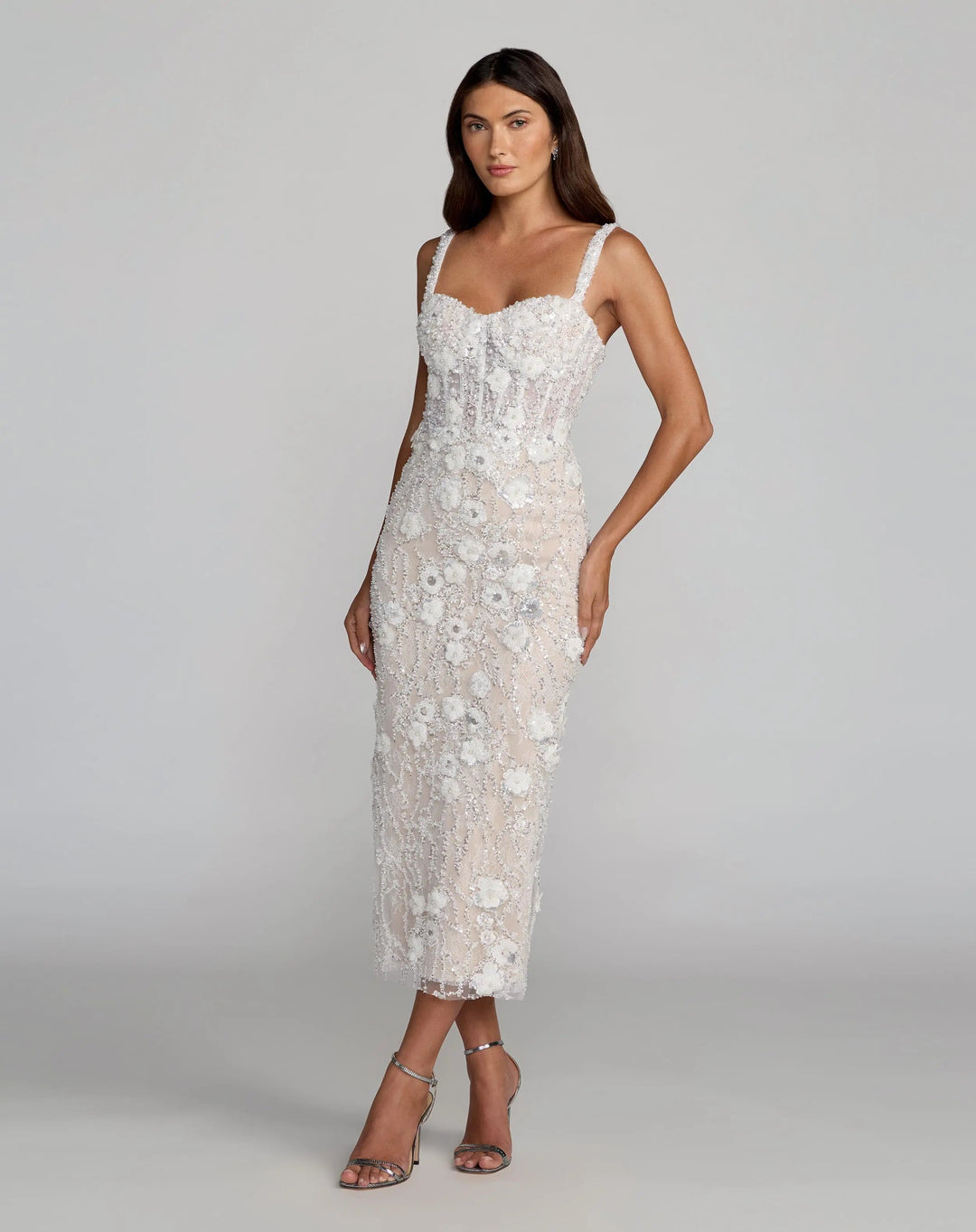 Ivory Embellished Lace Sleeveless Midi Dress - FOSTANI.com