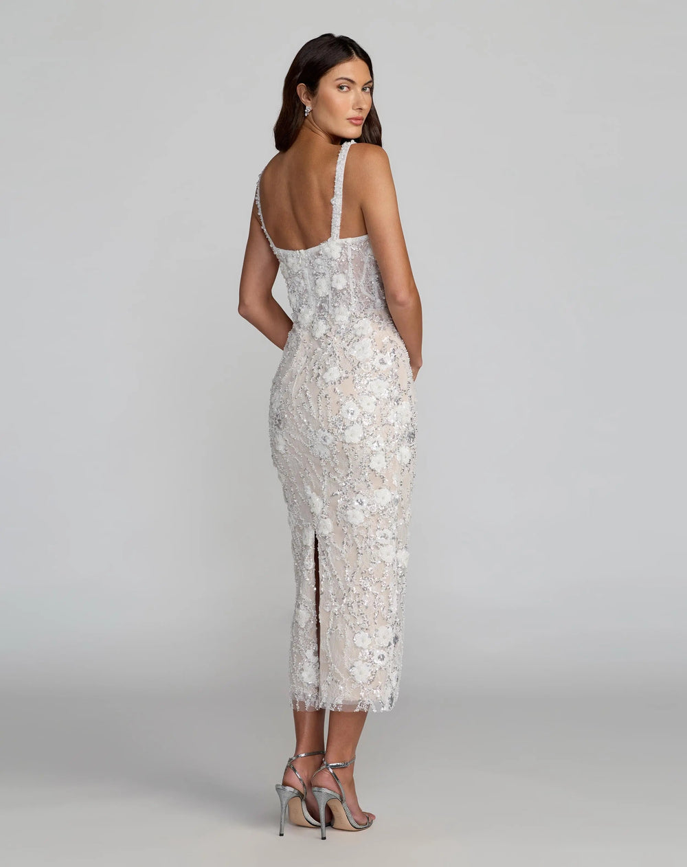 Ivory Embellished Lace Sleeveless Midi Dress - FOSTANI.com