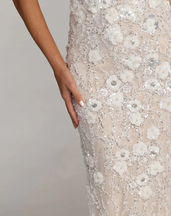 Ivory Embellished Lace Sleeveless Midi Dress - FOSTANI.com