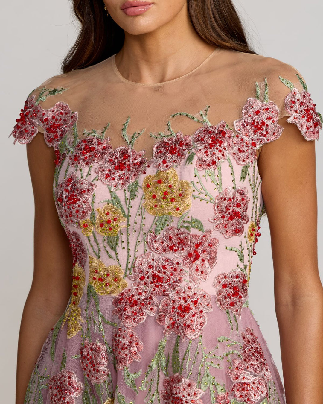 Mac Duggal 21357 Floral Embroidered Illusion Sweetheart Midi Dress