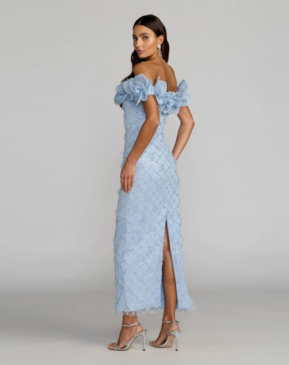 Blue Off The Shoulder Embellished Dress With 3D Flower Detail - FOSTANI.com