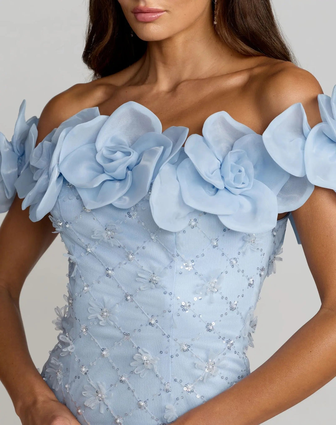 Blue Off The Shoulder Embellished Dress With 3D Flower Detail - FOSTANI.com