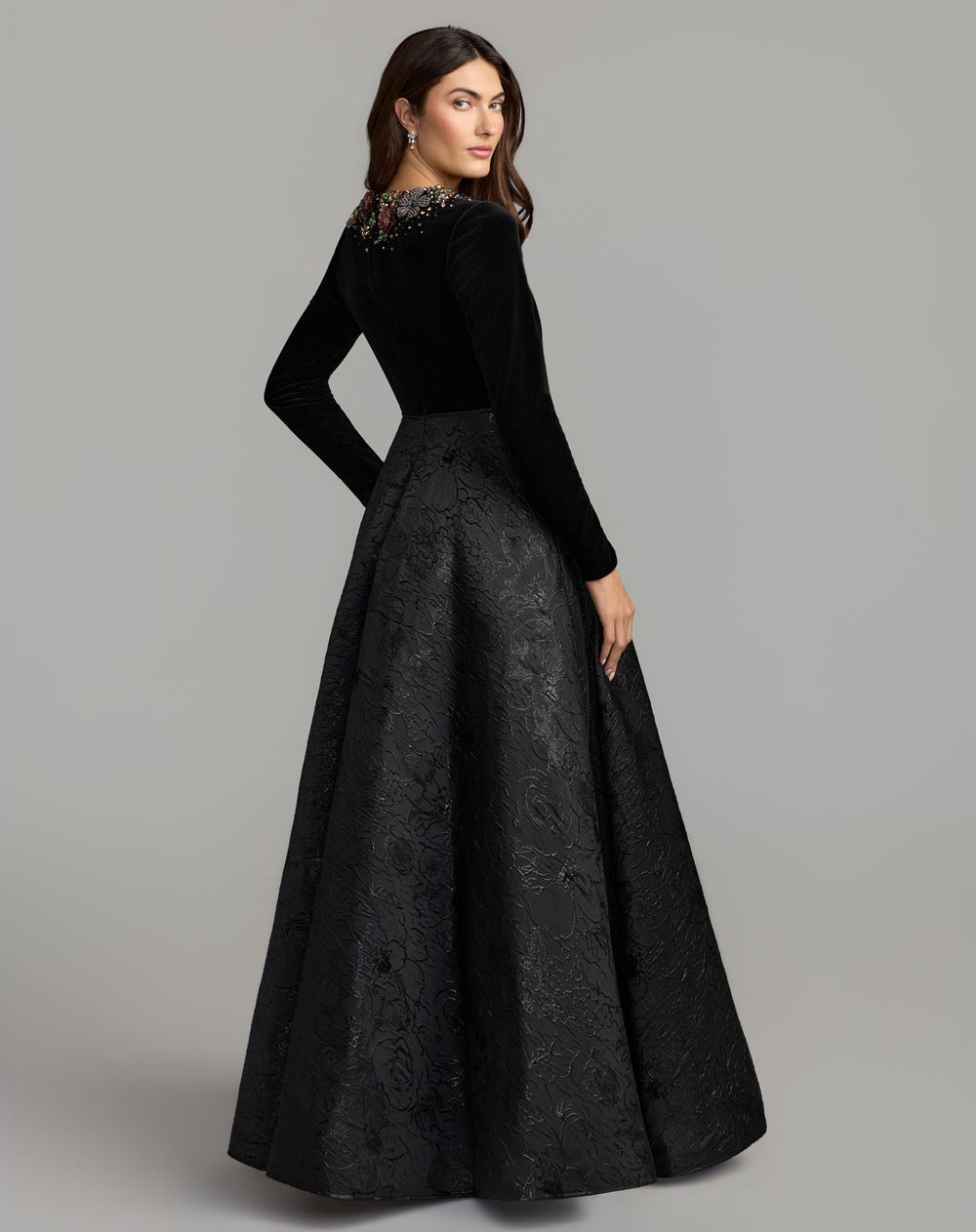 Mac Duggal 21525 Embellished Long Sleeve Brocade Ball Gown