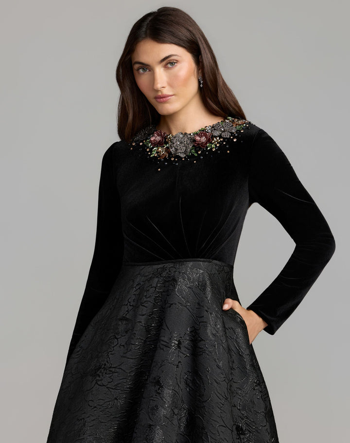 Mac Duggal 21525 Embellished Long Sleeve Brocade Ball Gown