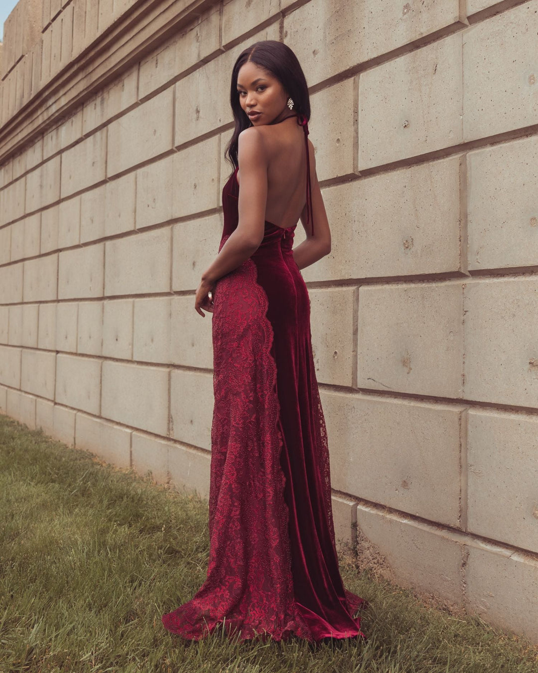 Mac Duggal 21576 Velvet and Lace Halter Column Gown