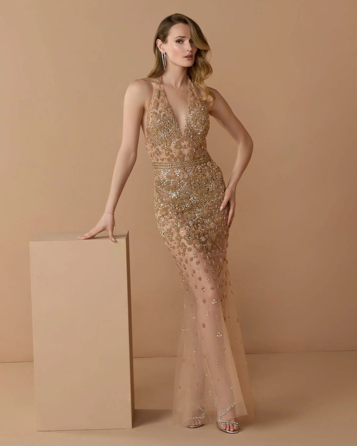 Mac Duggal 2241 Hand Embellished Open Back Halter Gown