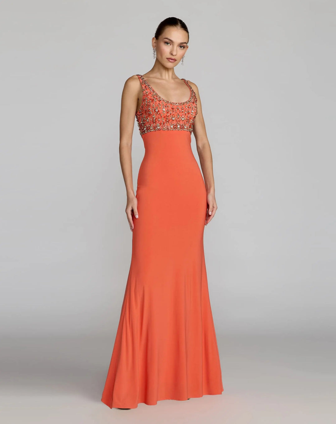 Orange Sleeveless Scoop Neck Embellished Jersey Gown - FOSTANI.com