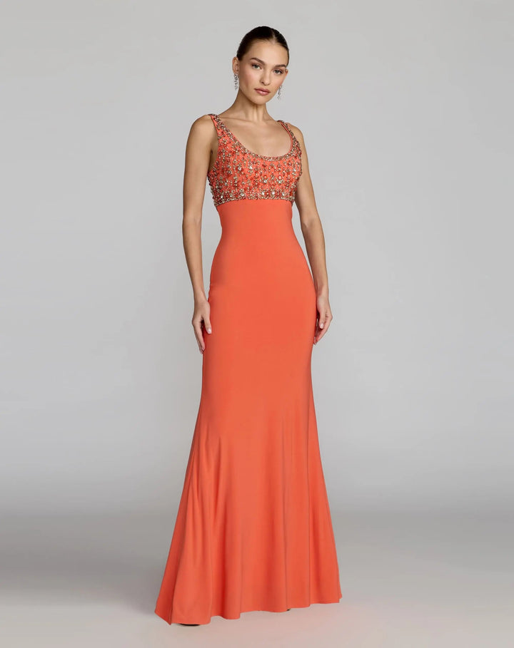 Orange Sleeveless Scoop Neck Embellished Jersey Gown - FOSTANI.com