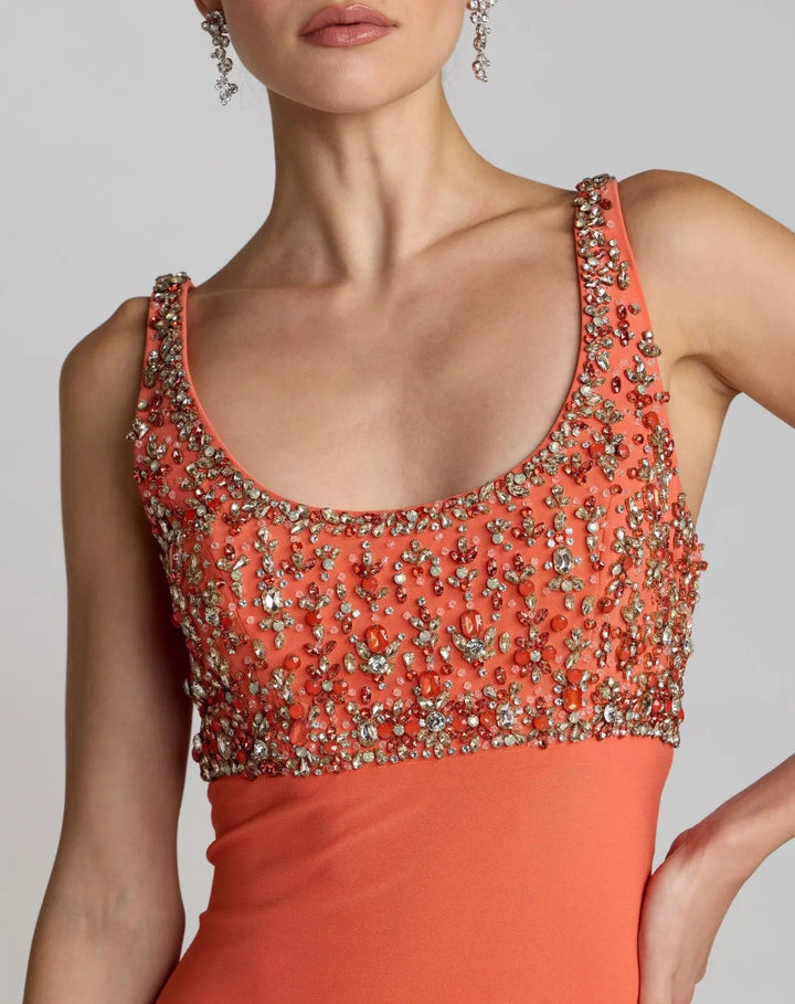 Orange Sleeveless Scoop Neck Embellished Jersey Gown - FOSTANI.com