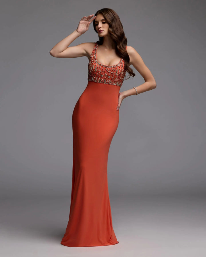 Orange Sleeveless Scoop Neck Embellished Jersey Gown - FOSTANI.com