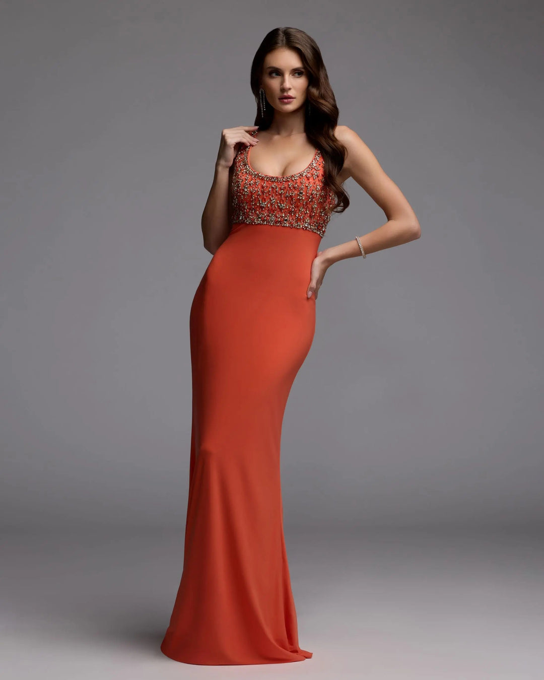 Orange Sleeveless Scoop Neck Embellished Jersey Gown - FOSTANI.com