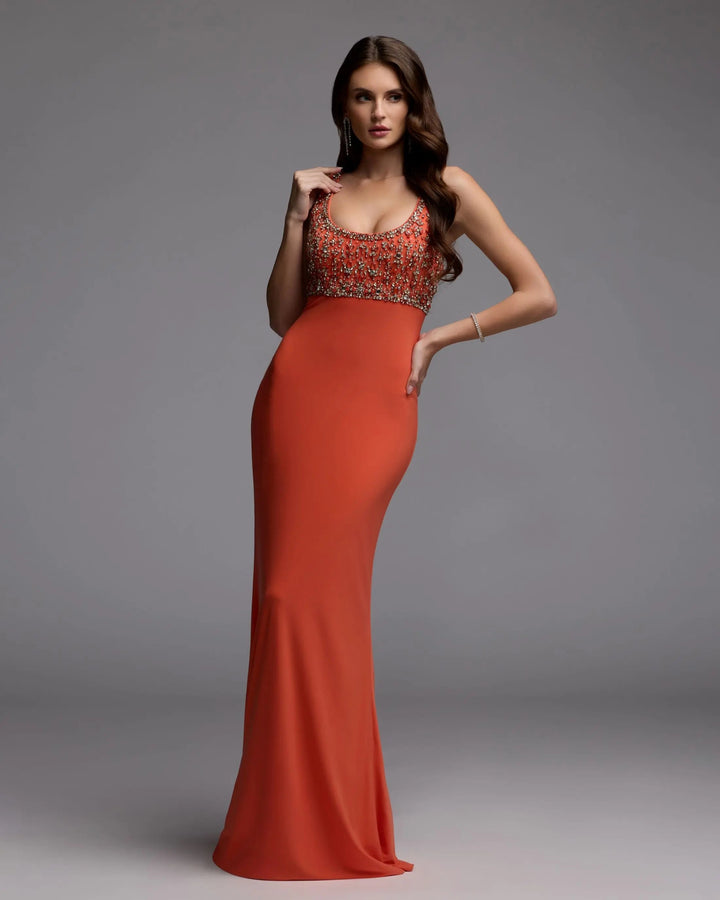 Orange Sleeveless Scoop Neck Embellished Jersey Gown - FOSTANI.com